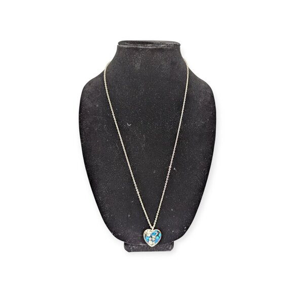 Vera Bradley Signed Mod Floral Blue Pattern Heart Pendant Necklace Silver Tone - Picture 4 of 13